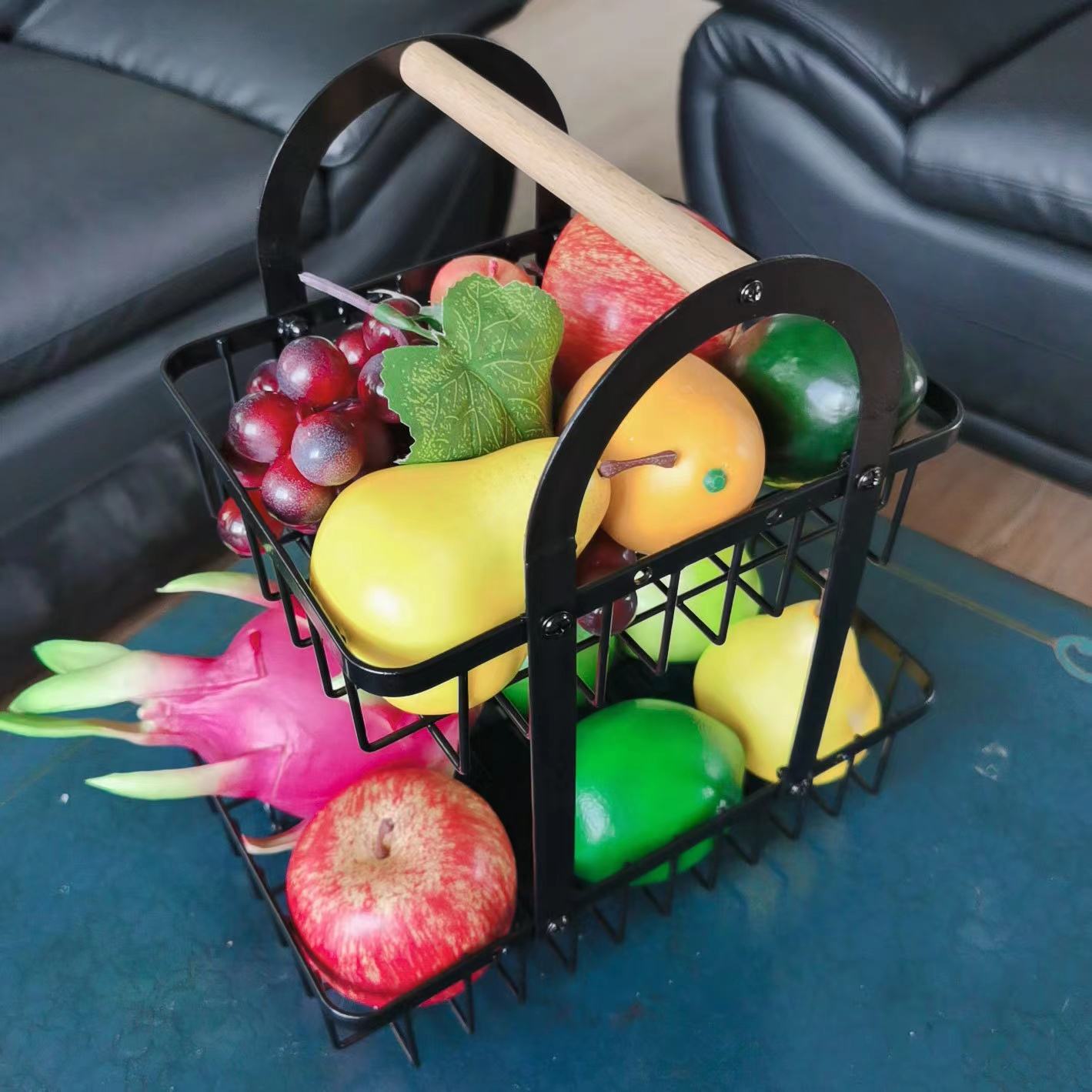 2 Layer Metallic Mesh Fruit Basket | Black Iron Metal with Wooden Holder | Handheld Rack for Kitchen & Bathroom