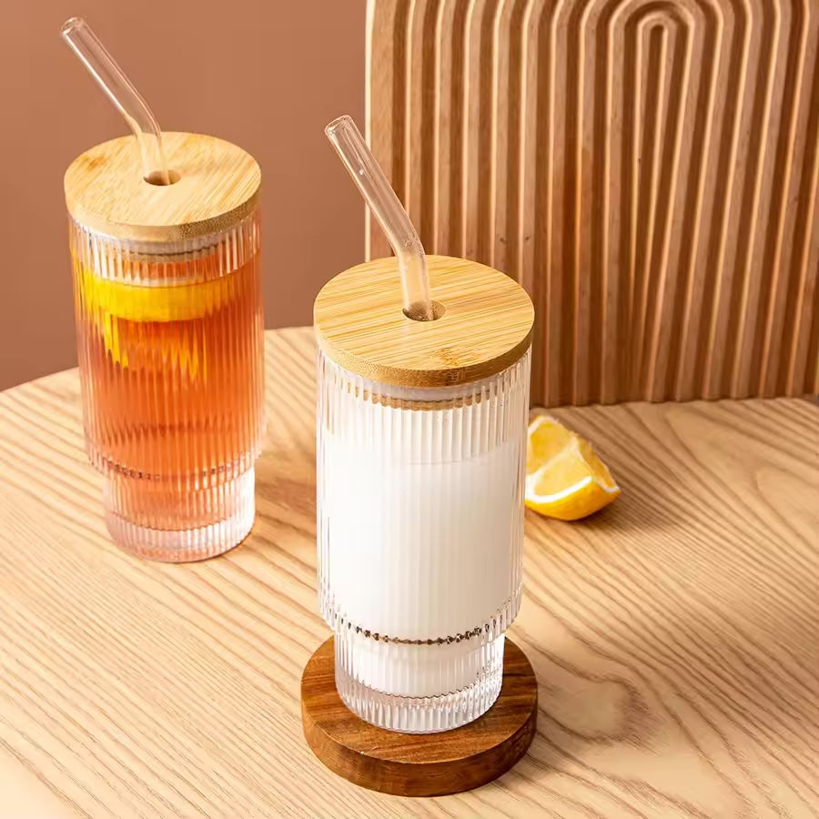 Stripe Bottle with Straw Hole | High Borosilicate Glass Tumbler for Milk Tea, Cold Brew, Coffee, Juice, Water - 350ml with Bamboo Lid & Straw