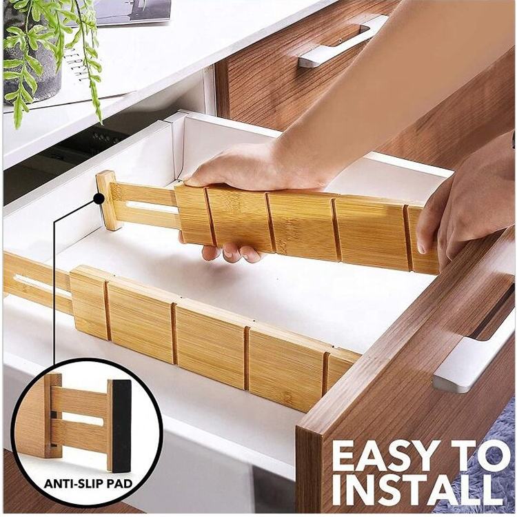 4 Set Bamboo Drawer Divider with Adjustable Length & Inserts | Waterproof, Easy to Install, Fits Standard Drawers