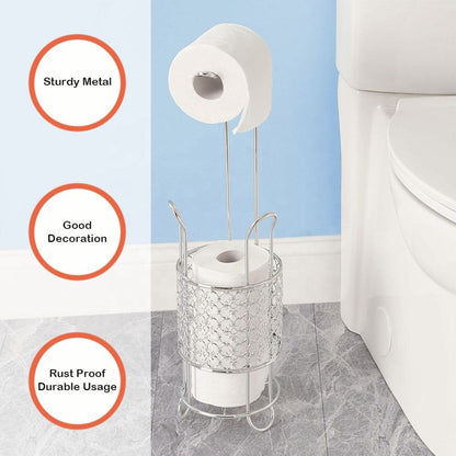 Toilet Tissue Holder | Iron Free Standing Commode Toilet Paper Roll Holder with Storage Basket and Shelf | Brown, Rust Free, Heavy Steel | 56cm long x 16cm wide