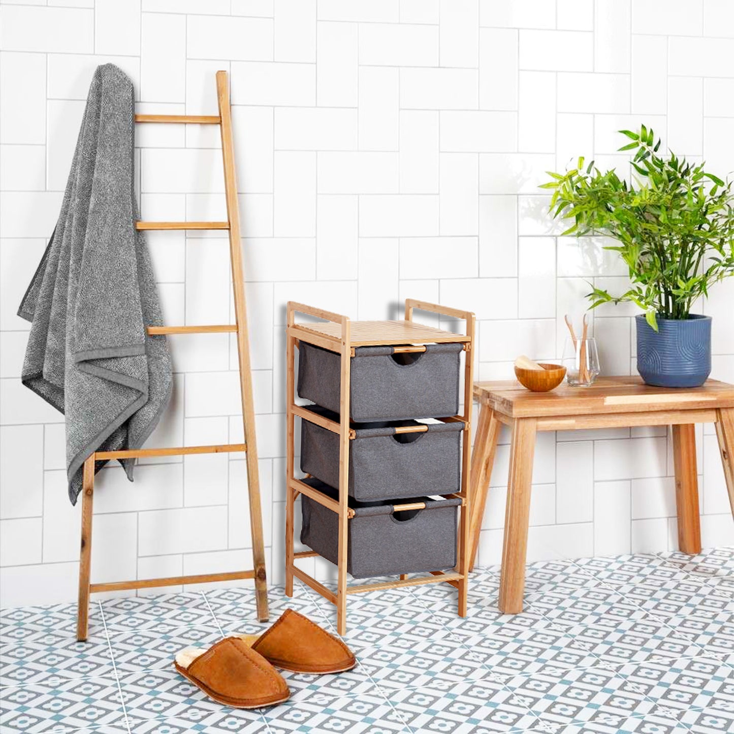 Bamboo Organizer Rack | 3-Tier Storage Rack | 13" x 17.3" x 37.8" | Bamboo Laundry Basket Clothes Cabinet Organizer Shelf