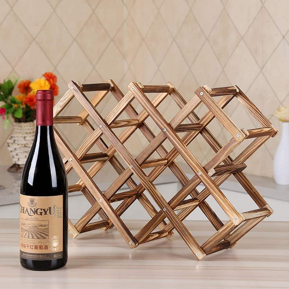 Foldable Wine Rack | Free Standing Solid Wood Tabletop 10 Bottle Storage Rack | Modern Creative Design for Home