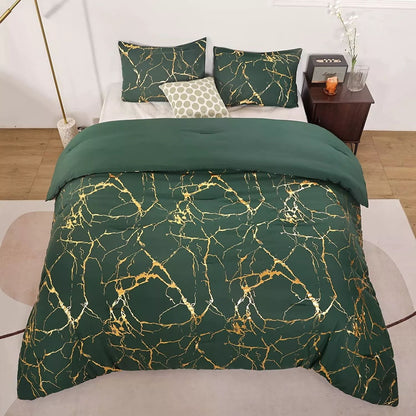 Marble Printed 3 Piece Luxury Microfiber Down Comforter Quilt Cover Set | Zipper Closure Duvet Cover & 2 Pillowcases | Premium Cotton | Gold Marble Texture | Black and Green