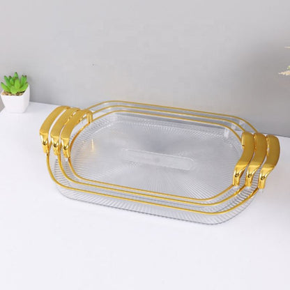 3 Piece Rectangular Transparent Acrylic Gold Plated Trays | Versatile Storage and Serving Tray Set | Ideal For Serving Snacks, Drinks, Or Displaying Decorative Items