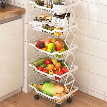 Foldable 4 Tier Storage Rack | Movable Multi-Layer Kitchen Vegetable/Fruit Shelf | Carbon Steel Rust-Proof Trolley | 35x25x75cm