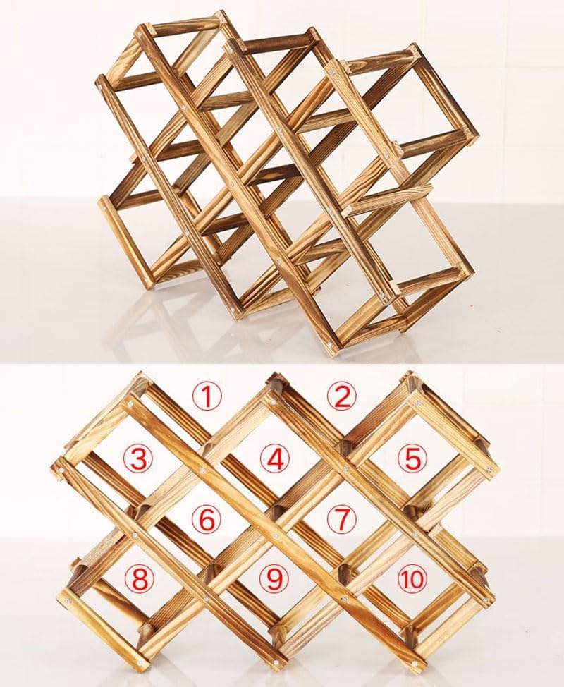 Foldable Wine Rack | Free Standing Solid Wood Tabletop 10 Bottle Storage Rack | Modern Creative Design for Home