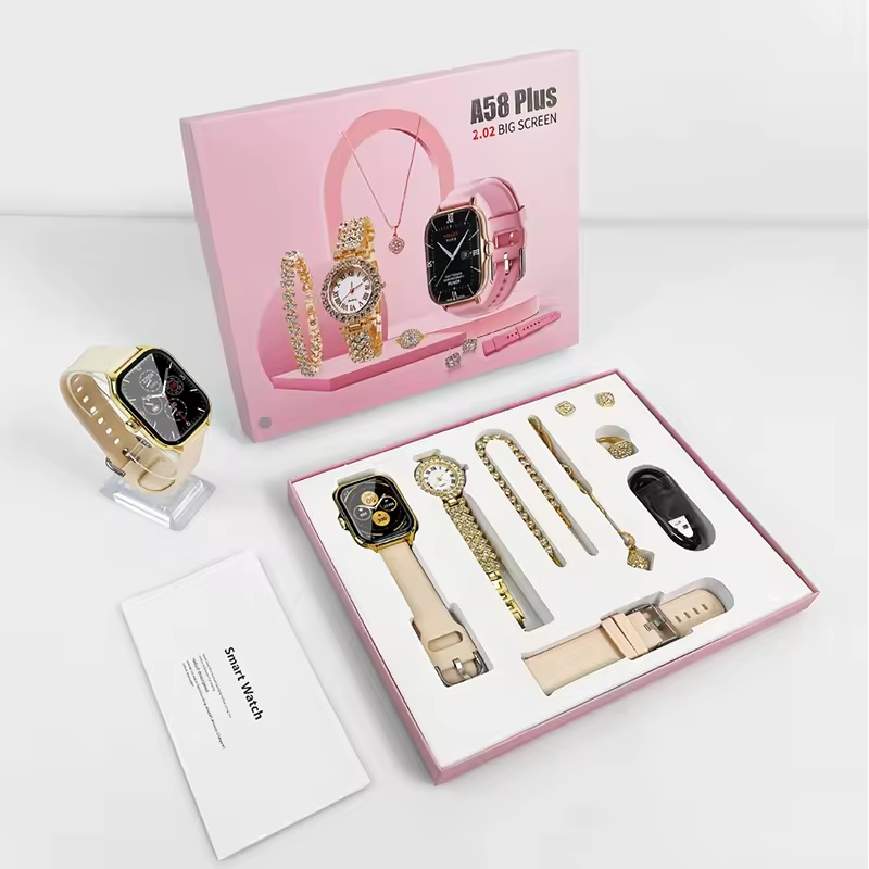 Ladies Gift Set | A58 Plus Smart Watch & Jewelry Combo with Interchangeable Straps | Necklace, Bracelet, Ring, Earrings | Black, PPink, Grey