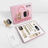 Ladies Gift Set | A58 Plus Smart Watch & Jewelry Combo with Interchangeable Straps | Necklace, Bracelet, Ring, Earrings | Black, PPink, Grey