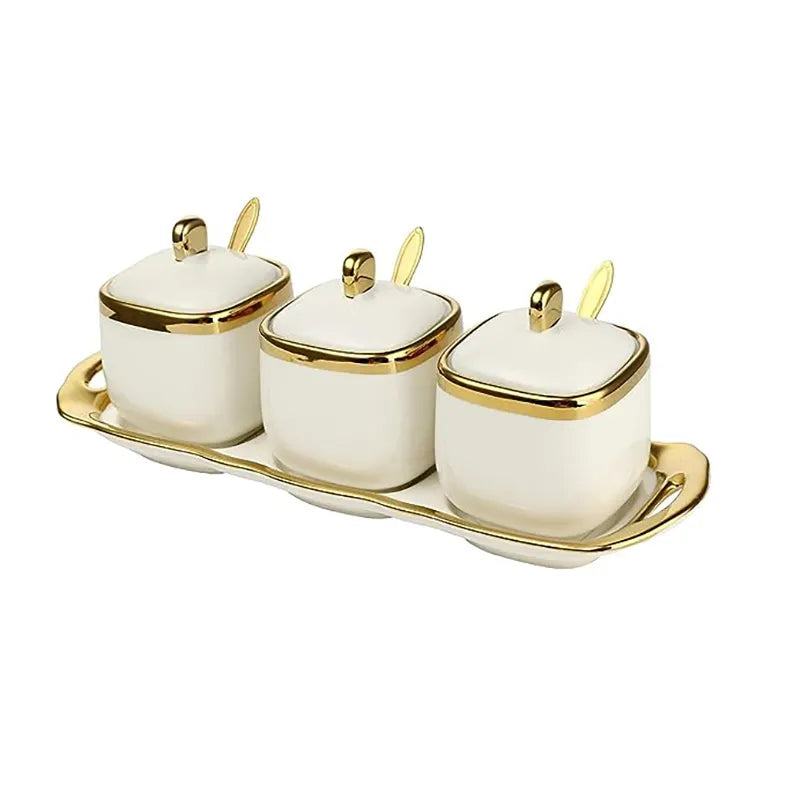 Nordic Luxurious Ceramic Sugar Spice Dish Set | Set of 3 | Includes 3 Gold Tea Spoons & Tray | White Gold & Green Gold