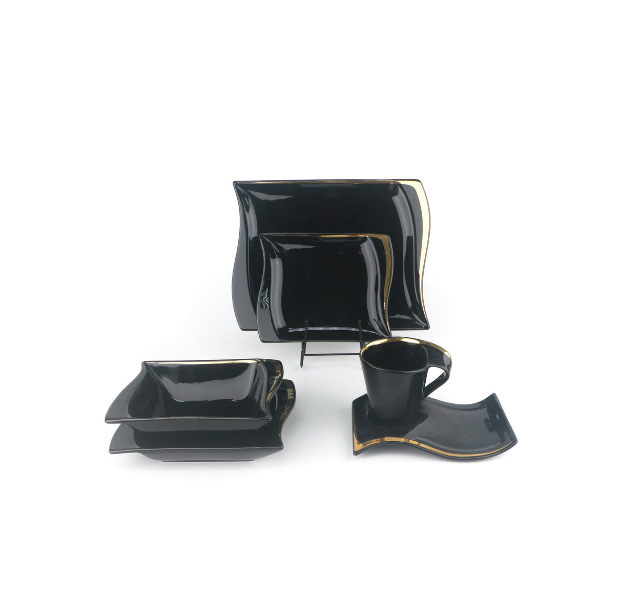 36 Piece Rectangular Shaped Dinner Set | Black and Gold Dinnerware | Complete Table Service