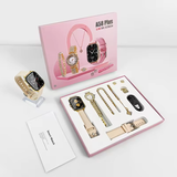 Ladies Gift Set | A58 Plus Smart Watch & Jewelry Combo with Interchangeable Straps | Necklace, Bracelet, Ring, Earrings | Black, PPink, Grey