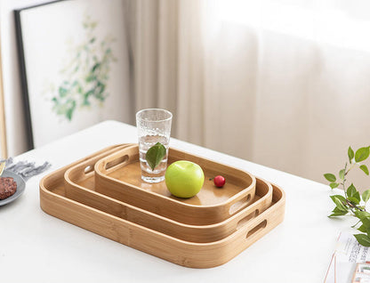 Classic Style Bamboo Tray 3 Piece Set | Square Wooden Serving Trays for Tea, Breakfast, and Party Use