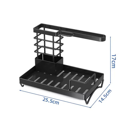 Kitchen Sink Caddy Soap Dish Holder with Draining Tray | 25.5x14.5x17cm, Carbon Steel - Black