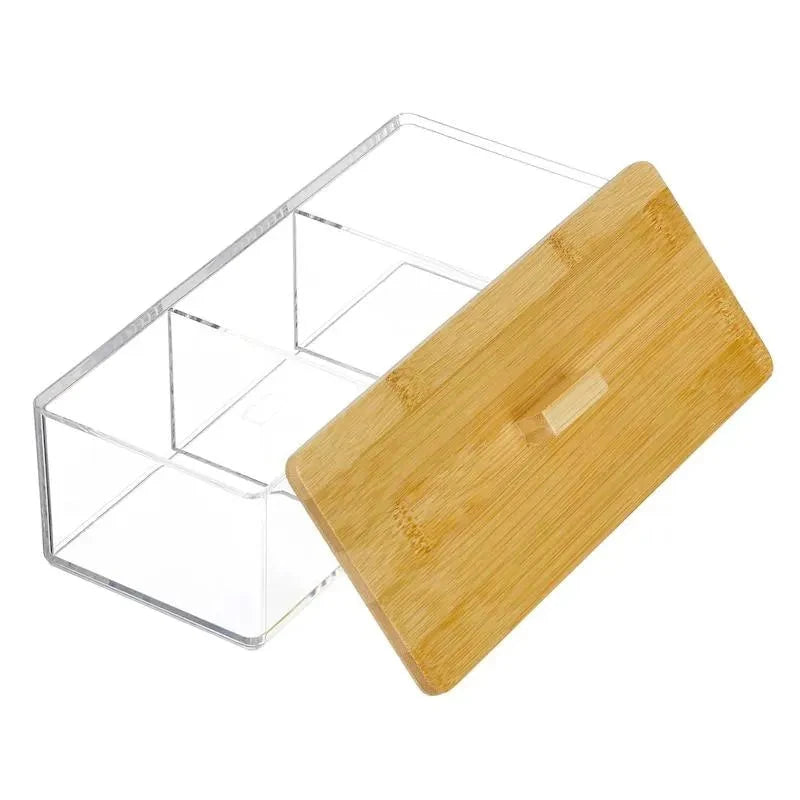 3 Compartment Acrylic Makeup Organizer with Bamboo Lid | Cotton Pad, Swab, and Jewelry Storage Box | Suitable For Storing Makeup, Beauty Tools, & Jewelry