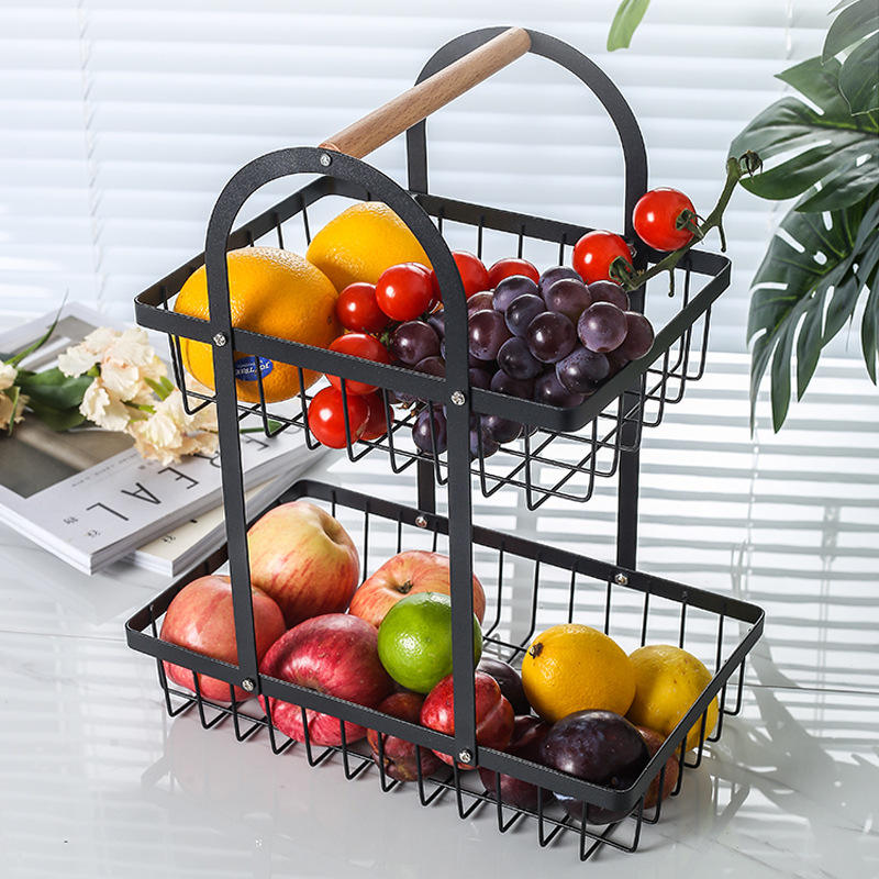 2 Layer Metallic Mesh Fruit Basket | Black Iron Metal with Wooden Holder | Handheld Rack for Kitchen & Bathroom