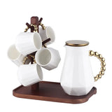 Luxurious Heat Resistant Tea Set with Golden Handle | Bamboo Holder & Tray | 6 Cups (320ml) | Kettle (1.3 Litres)