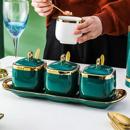 Nordic Luxurious Ceramic Sugar Spice Dish Set | Set of 3 | Includes 3 Gold Tea Spoons & Tray | White Gold & Green Gold