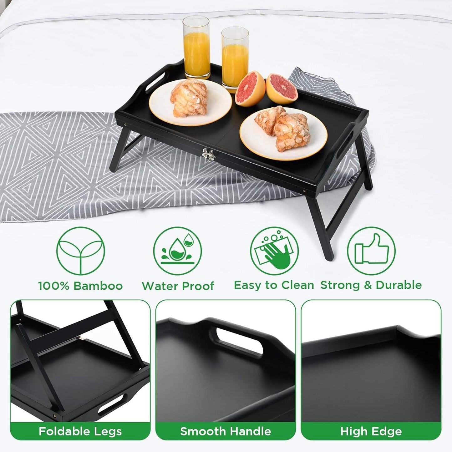 Multipurpose EcoFriendly Black Bamboo Tray with Foldable Legs | Serving Meals, Snacks | 20.5 cm x 10.2 cm x 5.5 cm | Black