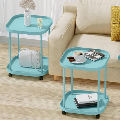 Double Layer Stools with Wheels | Plastic Storage Rack & Movable Coffee Table | MultiPurpose Bedside, Living Room, Sofa Table | Nordic Modern Design