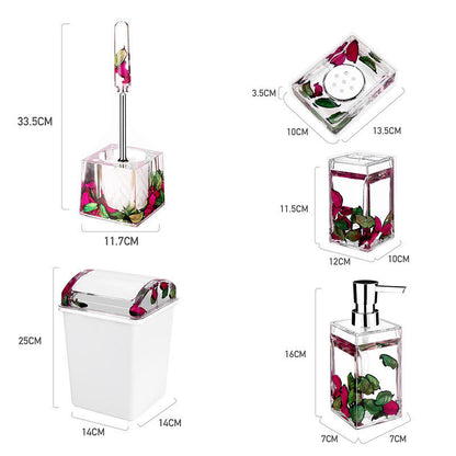 5pcs Water Shell Flower Bathroom Accessories Set | Acrylic Bathroom Set with Dustbin, Soap Dispenser, Soap Holder, and Brush Holder | Available in Gold, Red, Purple, Maroon, and Light Purple