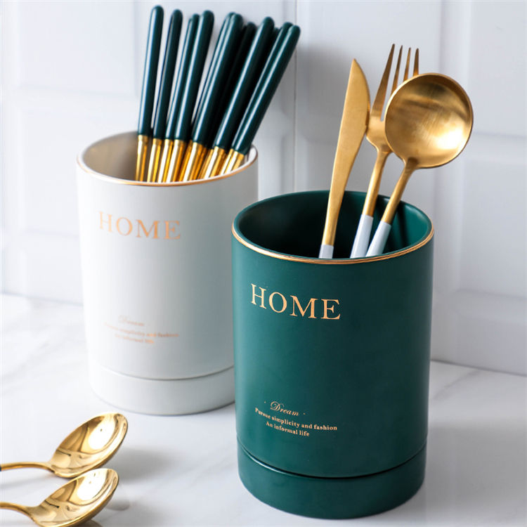 Elegant Ceramic Cutlery Kitchen Multipurpose Holder with Draining Tray | Various Colors