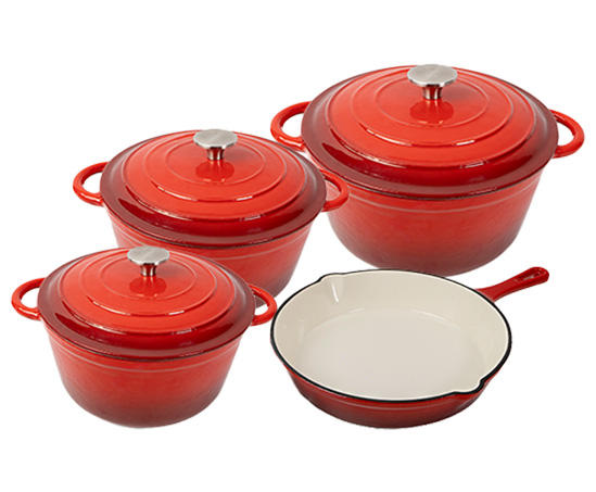 Enamel Cast Iron Cooking Pots | Red Casserole & Frying Pan Set | Heavy-Duty with Enamel Coating