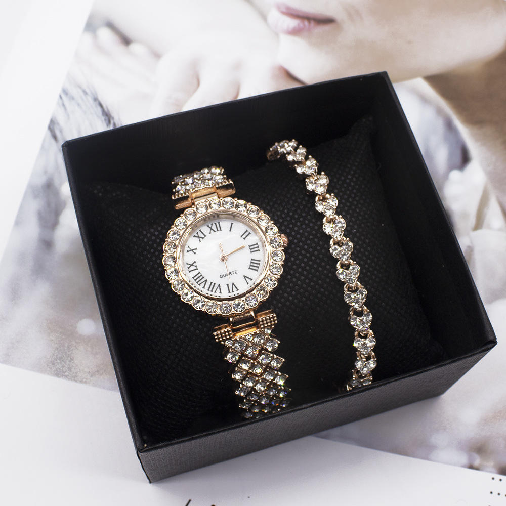 High Quality 2Piece Full Crystal Watch and Bracelet Set for Women | Elegant Gold Diamond Wristwatch & Jewelry