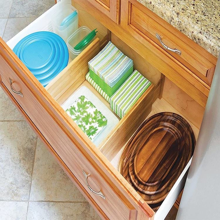 4 Set Bamboo Drawer Divider with Adjustable Length & Inserts | Waterproof, Easy to Install, Fits Standard Drawers