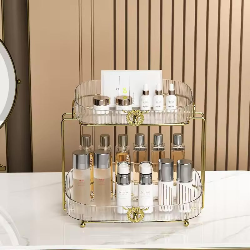 Luxury Vanity Cosmetic Organizer | Wrought Iron Stand with Acrylic Trays - 32x30x21.5cm