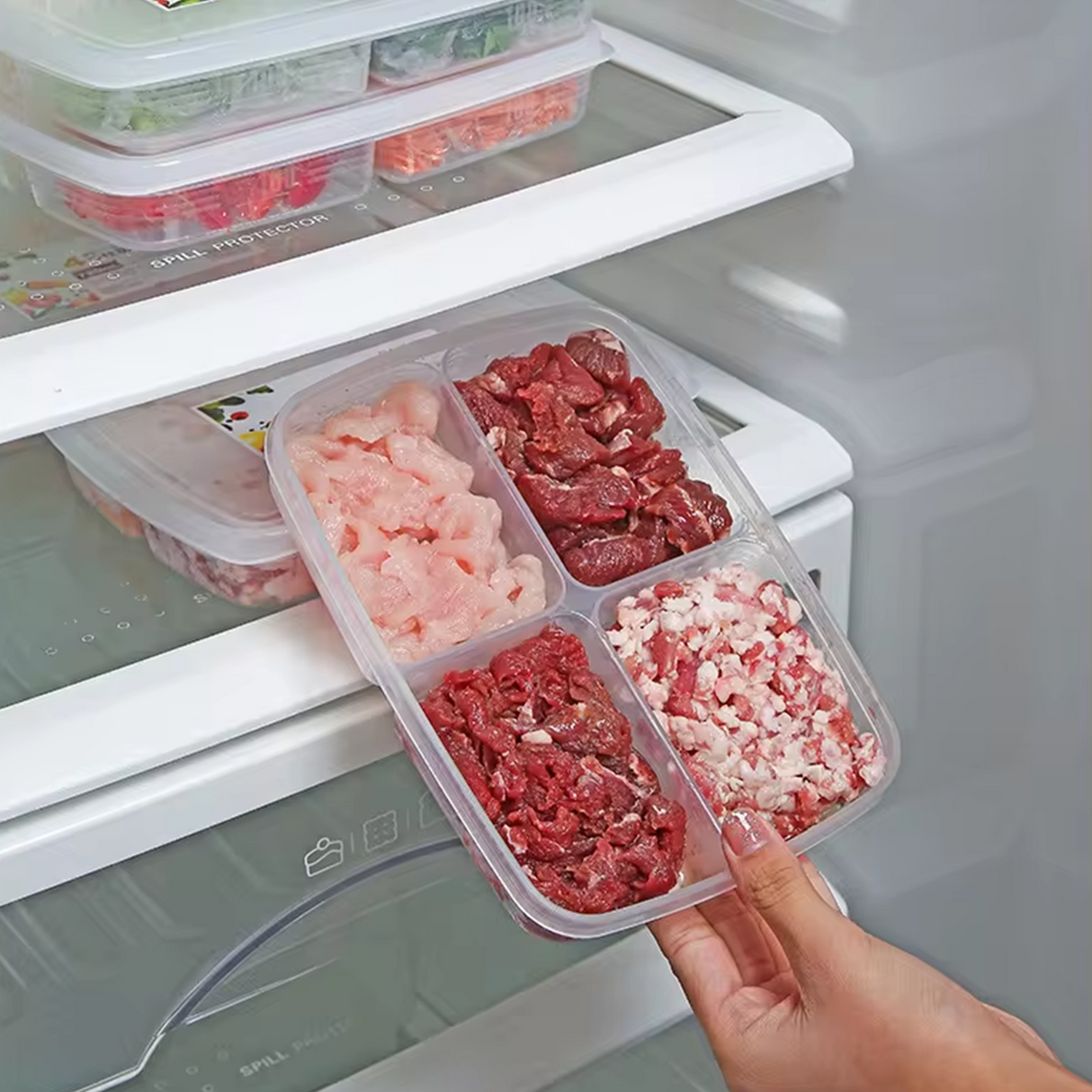 Compartment Fridge Containers | 4 Grid Side Food & Meat Organizer for Refrigerator | Clear Microwavable Storage Box for Kitchen Fridge & Freezer