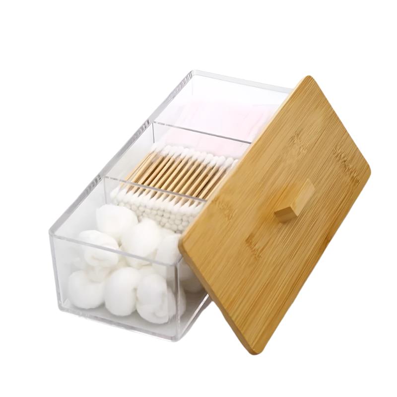 3 Compartment Acrylic Makeup Organizer with Bamboo Lid | Cotton Pad, Swab, and Jewelry Storage Box | Suitable For Storing Makeup, Beauty Tools, & Jewelry