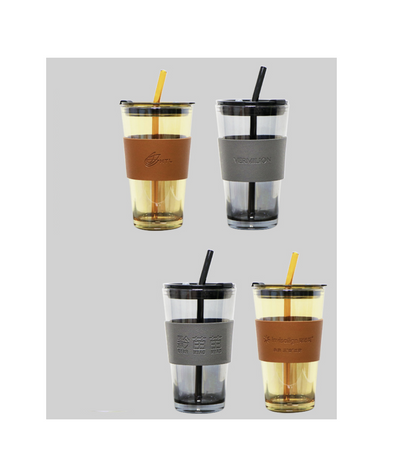 High Borosilicate Glass Tumbler with Straw and Leather Protective Sleeve