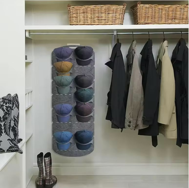 Hanging Caps Hats Organizer | 14 Grid Felt Space Saving Storage |  46x130cm, Grey | Holds Up to 30 Caps