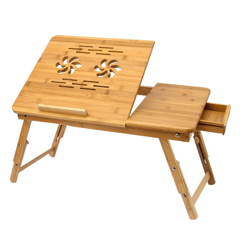 Foldable Bamboo Laptop Table with Double Fans & Drawer | Adjustable Portable Bedside Laptop Tray | Natural Bamboo Bed Table