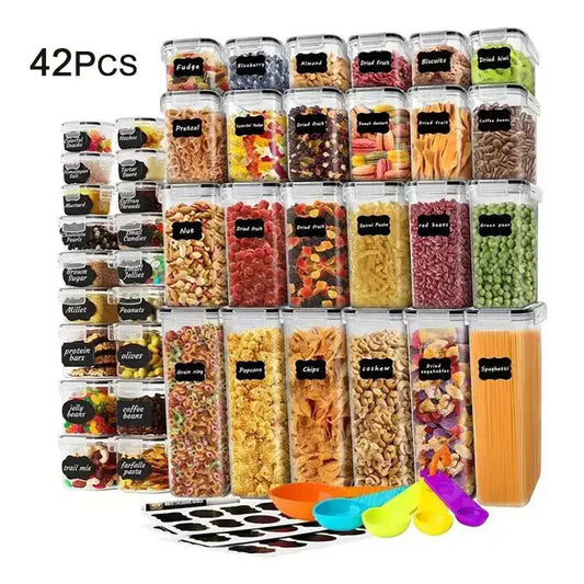 42pcs BPA Free Airtight Plastic Container Set | Stackable Pantry Organization with Labels & Pen | Kitchen Storage Solution