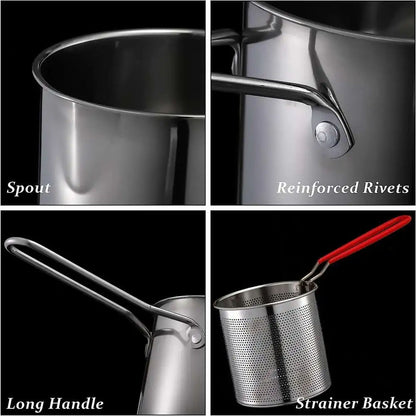 6in1 Stainless Steel Deep Frying Pot Set | 304 Stainless Steel Fryer with Basket, Oil Filter, Lid & Tongs | Perfect for French Fries, Tempura, and Pasta