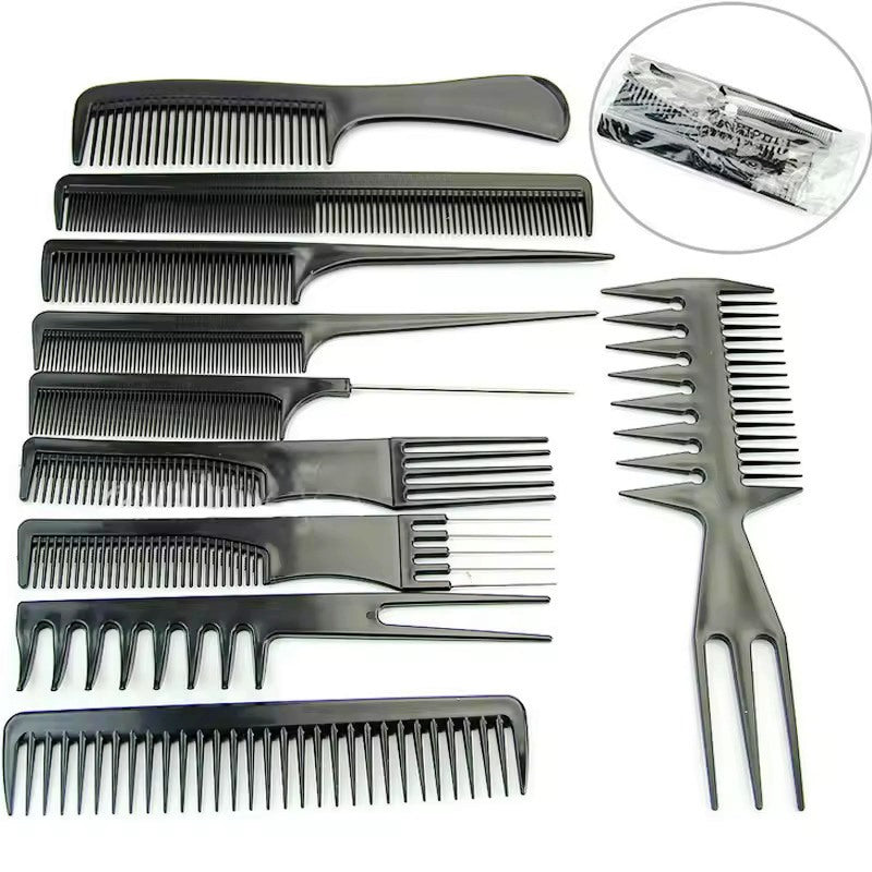 10 Piece Hair Comb Set | Black Plastic Combs | Wide Tooth, Fine Tooth, Tail, &  Pick Combs