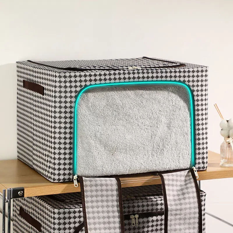 Checked Multipurpose Storage Box | Foldable Waterproof & Moisture-Proof Organizer | Oxford + Steel Frames | 60x40x40cm