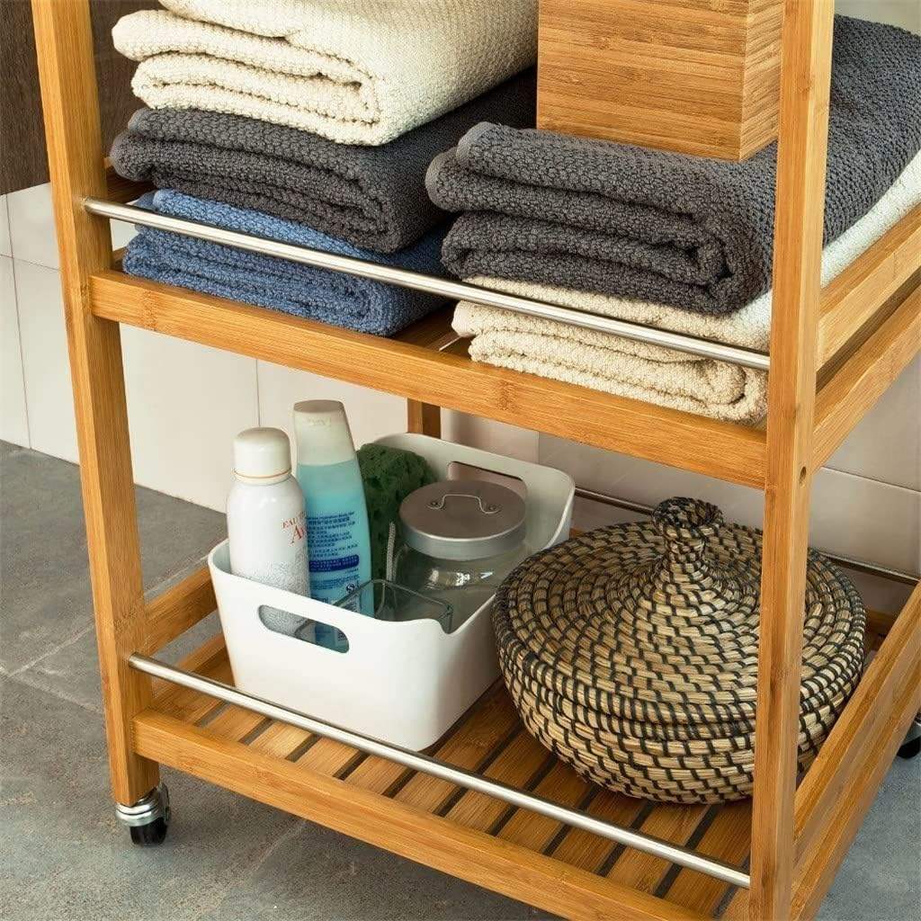 3 Tier Movable Organizer Cart | Multifunctional Bamboo Kitchen Serving Trolley with Wheels | Rolling Storage Cart for Dining and Bathroom