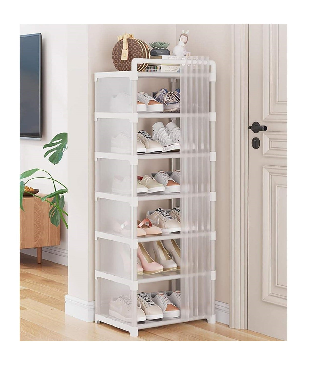 8 Layer 2024 Shoe Rack Organizer | Space Saving Shoe Storage with Dustproof Cover | Sturdy & Durable | Black & White