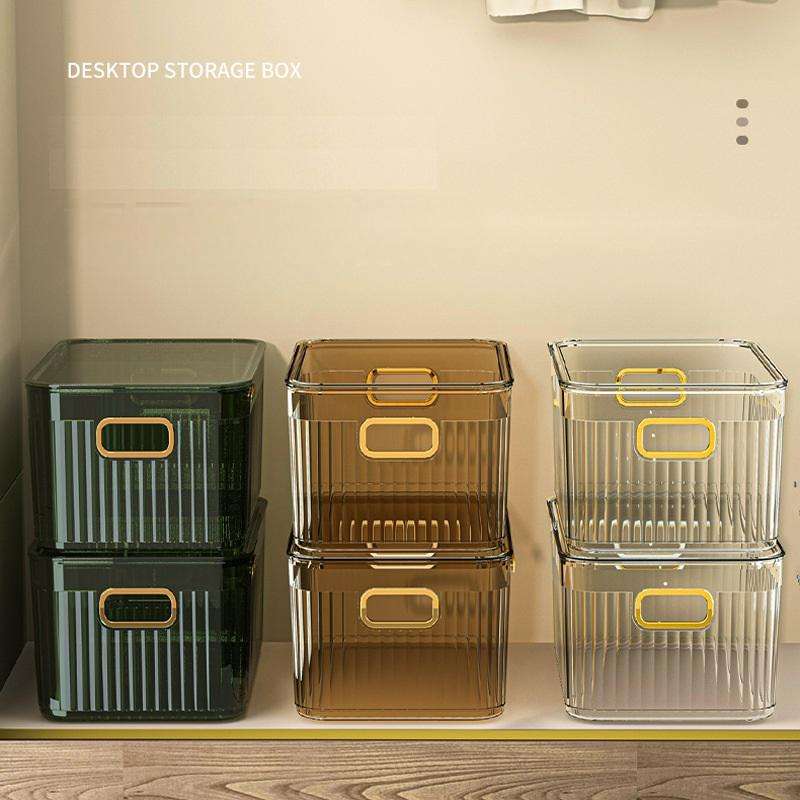 Luxury Transparent Household Storage Box | Stackable PET Plastic Storage Bins with Gold Plated Handles | MultiPurpose Light Luxury Organizers