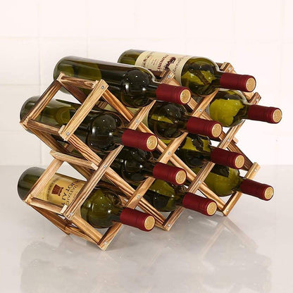 Foldable Wine Rack | Free Standing Solid Wood Tabletop 10 Bottle Storage Rack | Modern Creative Design for Home