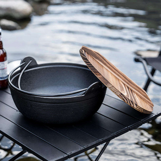 Pure Cast Iron Flat Bottom Wok | 27cm NonStick Wok with Wooden Lid | 360° Heat Distribution | All Cooktops | Outdoor Cooking