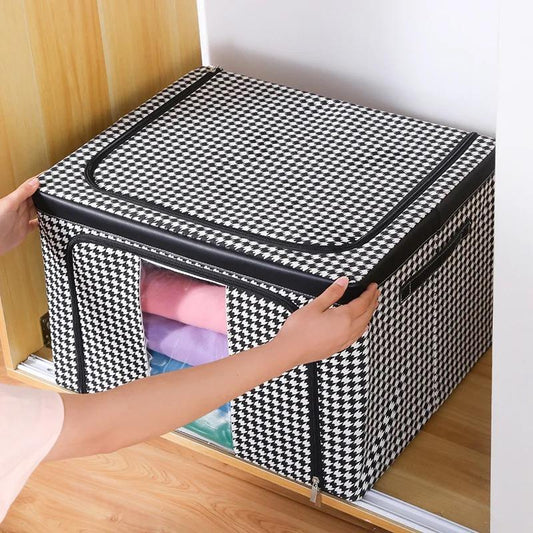 Checked Multipurpose Storage Box | Foldable Waterproof & Moisture-Proof Organizer | Oxford + Steel Frames | 60x40x40cm