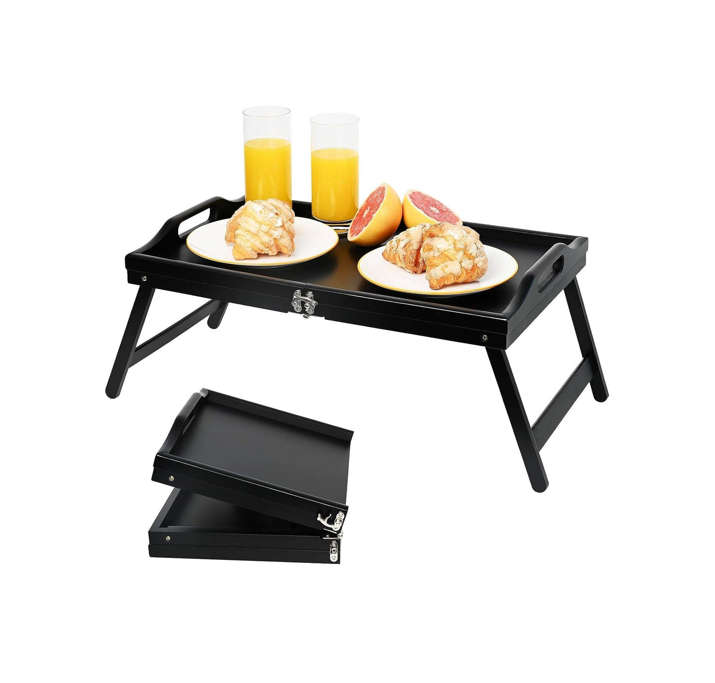 Multipurpose EcoFriendly Black Bamboo Tray with Foldable Legs | Serving Meals, Snacks | 20.5 cm x 10.2 cm x 5.5 cm | Black