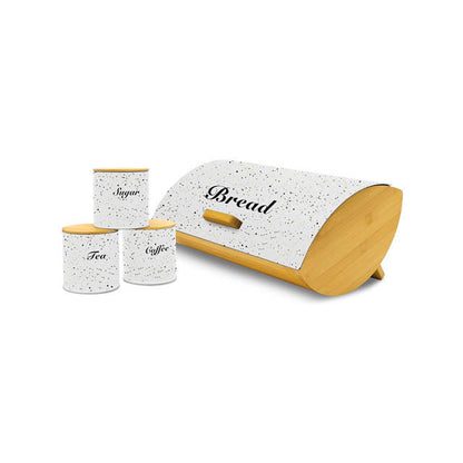 Bread Storage Bin with Wooden Support & 3Piece Tea, Coffee, Sugar Canister Set  Alloy Canisters in White & Black