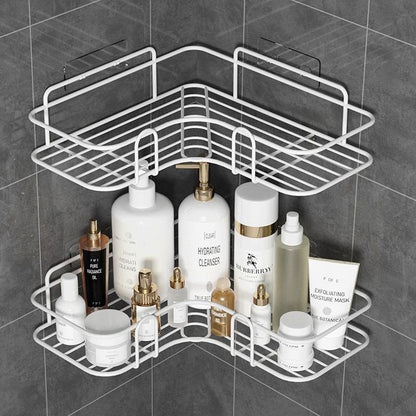 Metallic Corner Triangular Bathroom/Kitchen Organizer | Space Saving Storage with Double Hook Adhesive Stickers | Available in White & Black