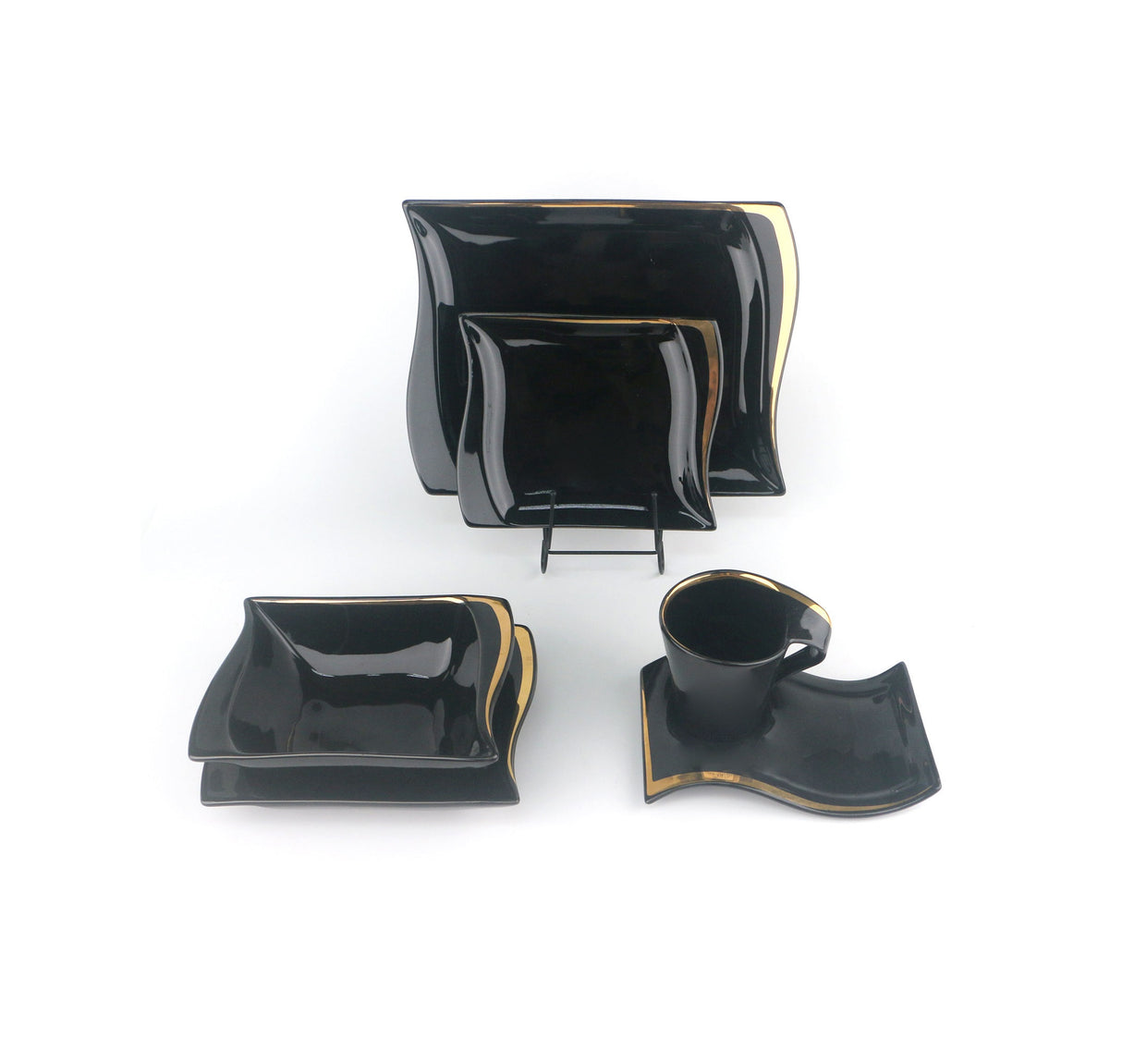 36 Piece Rectangular Shaped Dinner Set | Black and Gold Dinnerware | Complete Table Service