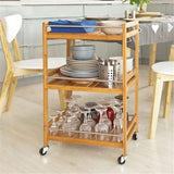 3 Tier Movable Organizer Cart | Multifunctional Bamboo Kitchen Serving Trolley with Wheels | Rolling Storage Cart for Dining and Bathroom