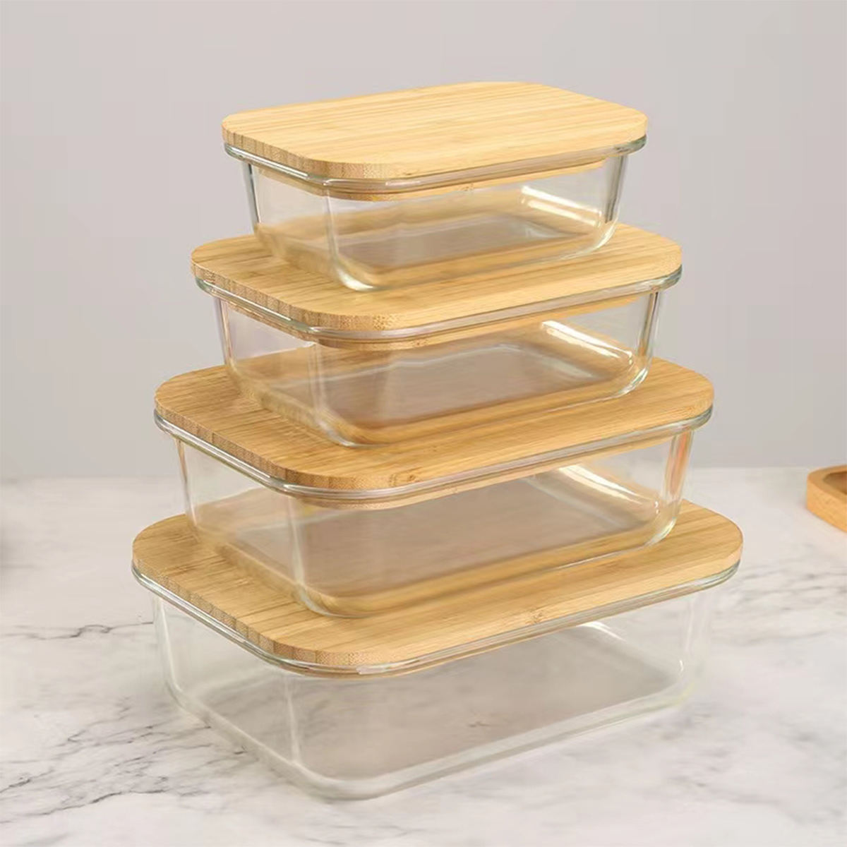 4pcs Glass Container Set with Bamboo Lids | High Borosilicate Glass Storage Boxes | 320ml, 520ml, 800ml, 1200ml